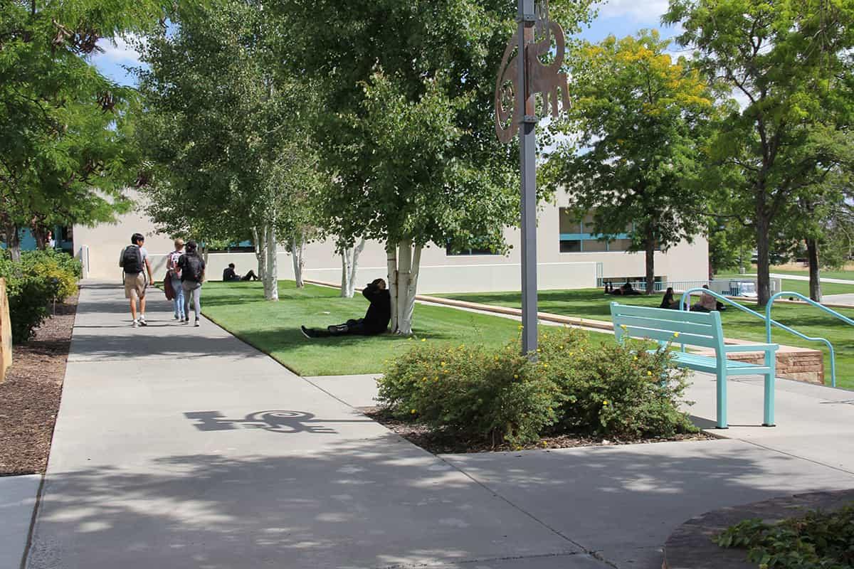 trees and students walking along sidewalks near the central classroom complex